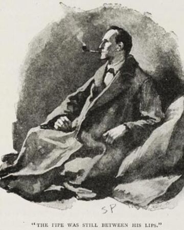 A picture of Sherlock Holmes with quotes " The pipe was still between his lips."