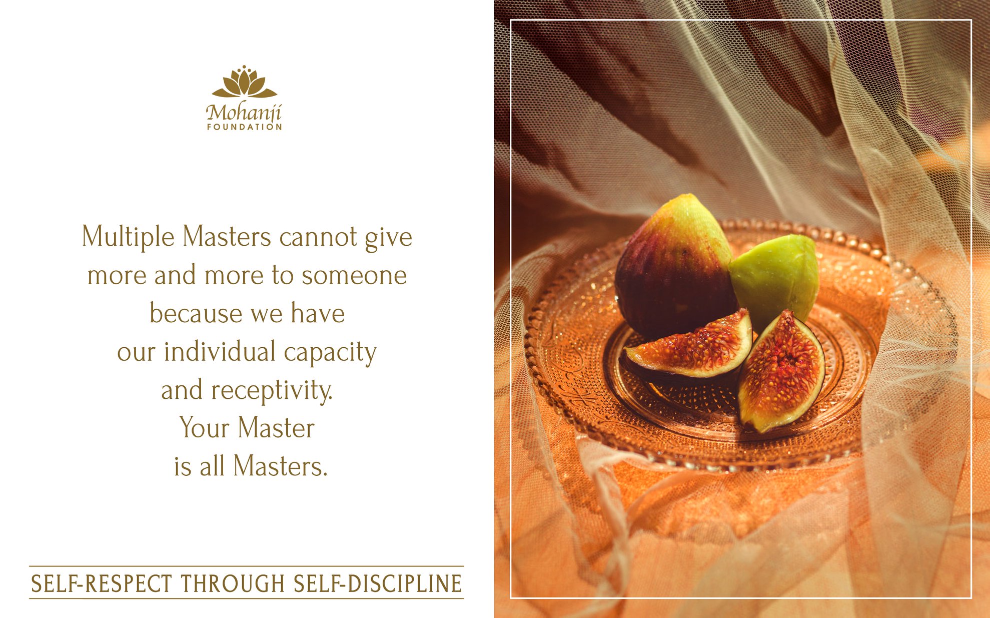 "Multiple Masters cannot give more and more to someone because we have our individual capacity and receptivity. Your Master is all Masters." Self-respect though Self-discipline- Mohanji