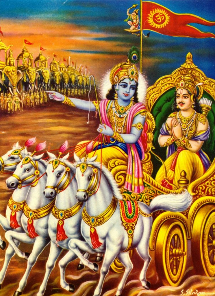 Lord Krishna advising Arjuna in the Krukshetra war